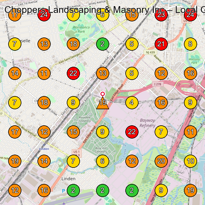Choppers Landscaping & Masonry Inc Lawn Care Service GeoGrid ranking map for Linden NJ
